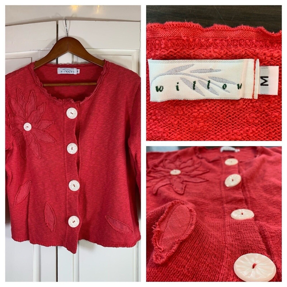 Willow Sweater Medium Pink Knit Cardigan Art to Wear Boutique Embellished Floral